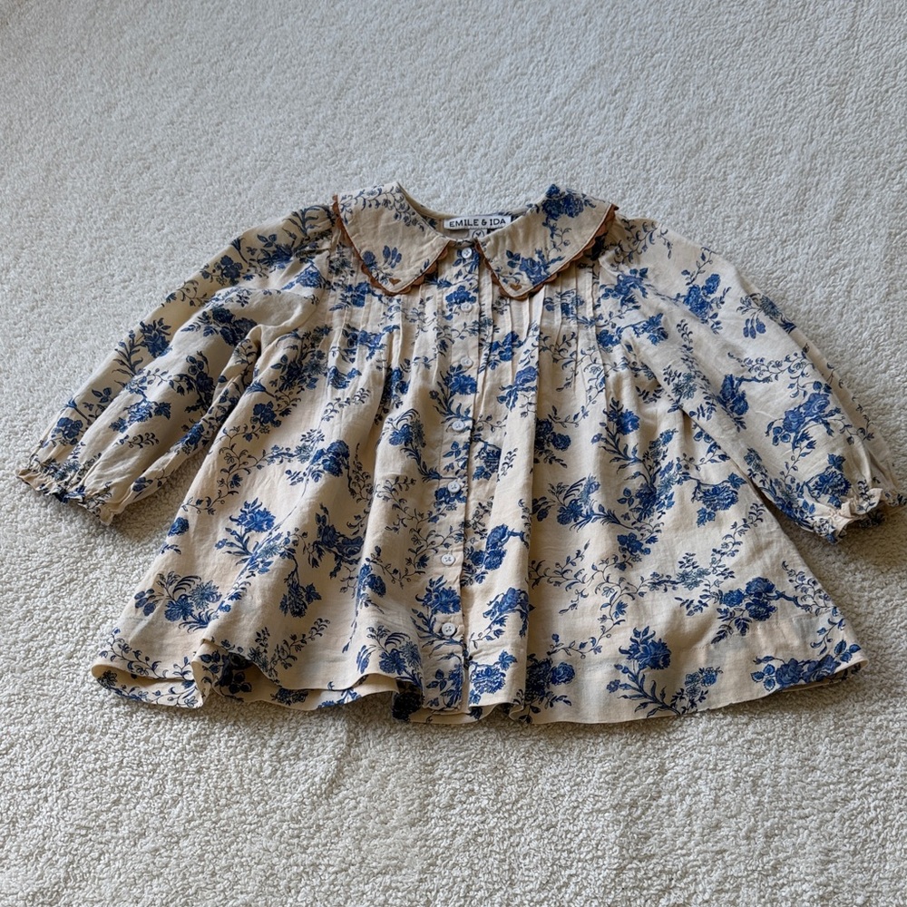 Emile et Ida Cream Blouse with Blue Floral Print